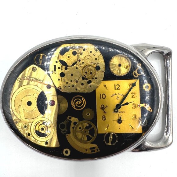 Vintage 1970's Lord Elgin Inspired Belt Buckle Watch Gears Gold Clockwork Silver